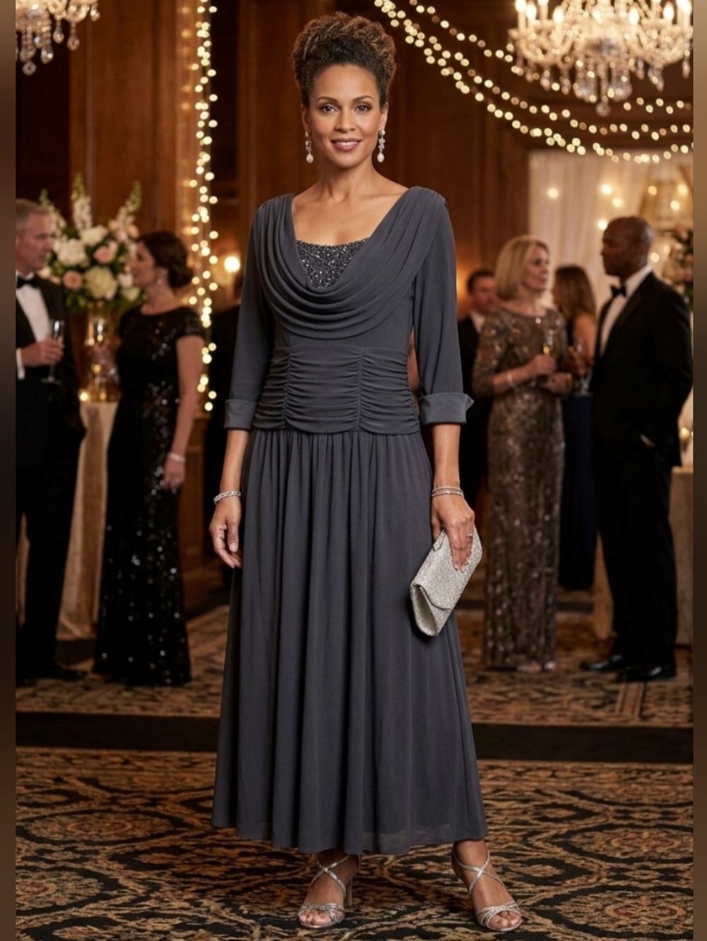 Elegant Draped Gray Evening Dress with Beaded Bodice